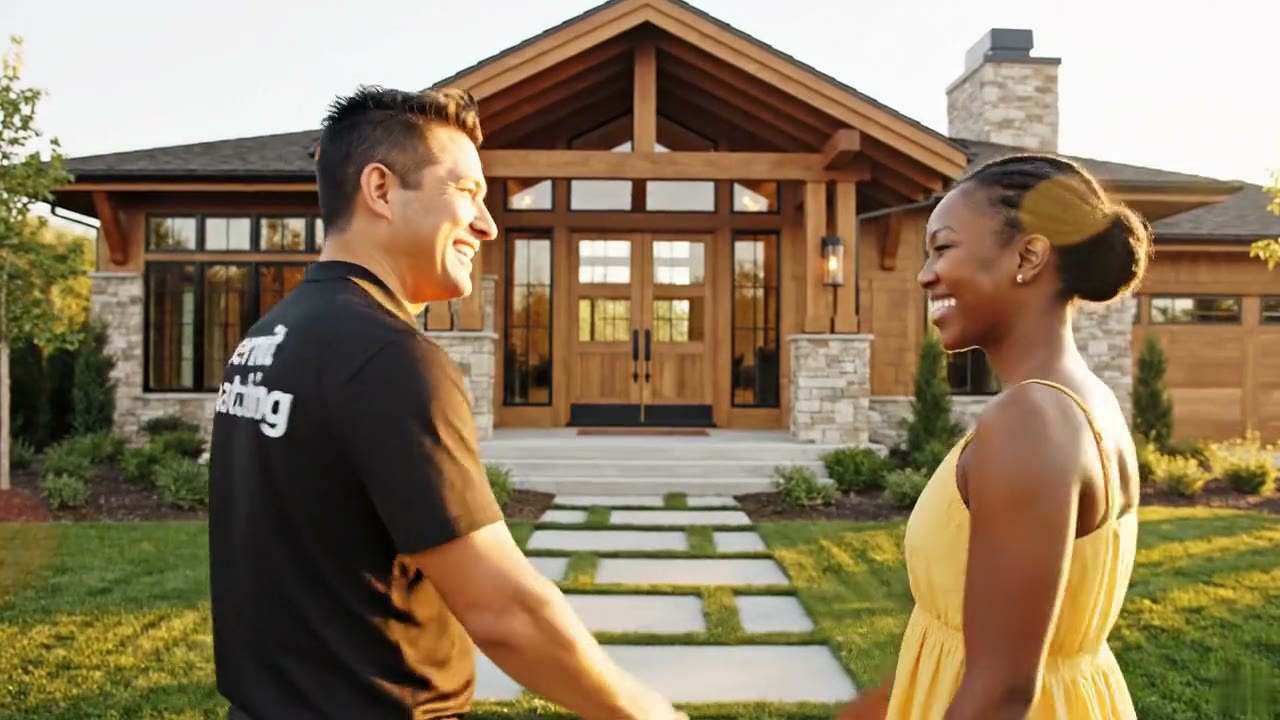 A Permit Matching contractor shaking hands with a homeowner in front of her new home