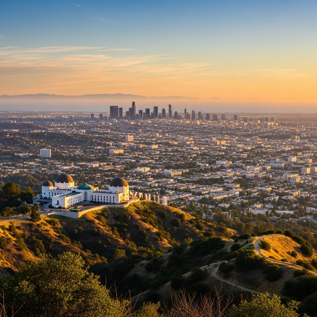 Aerial view of Los Angeles County skyline at sunset